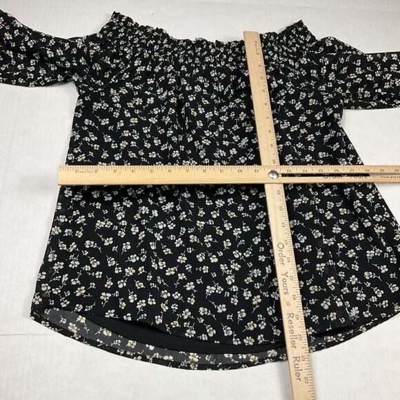 Pleione Blouse Floral Print Off The Shoulder Smocked Short Sleeve Shirt LARGE - Picture 9 of 11